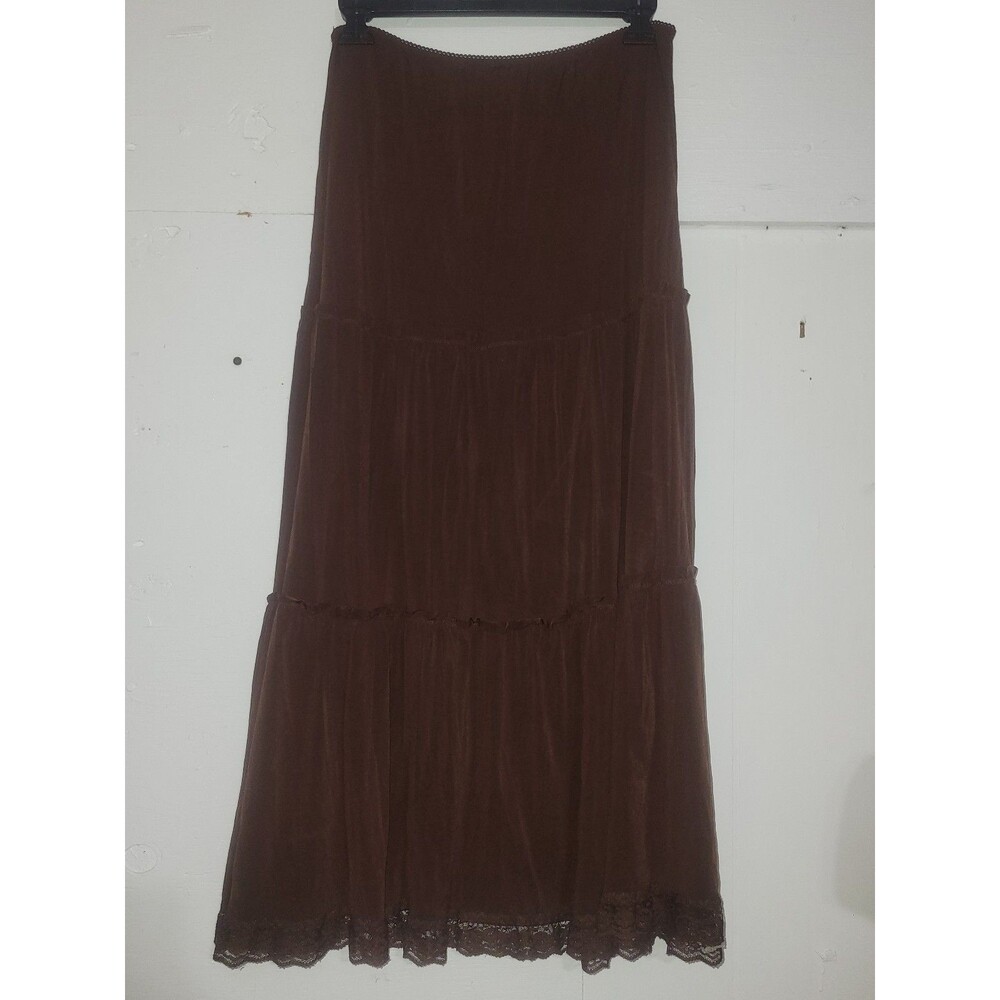 Women's Brown Tiered Maxi Skirt with Lace Trim